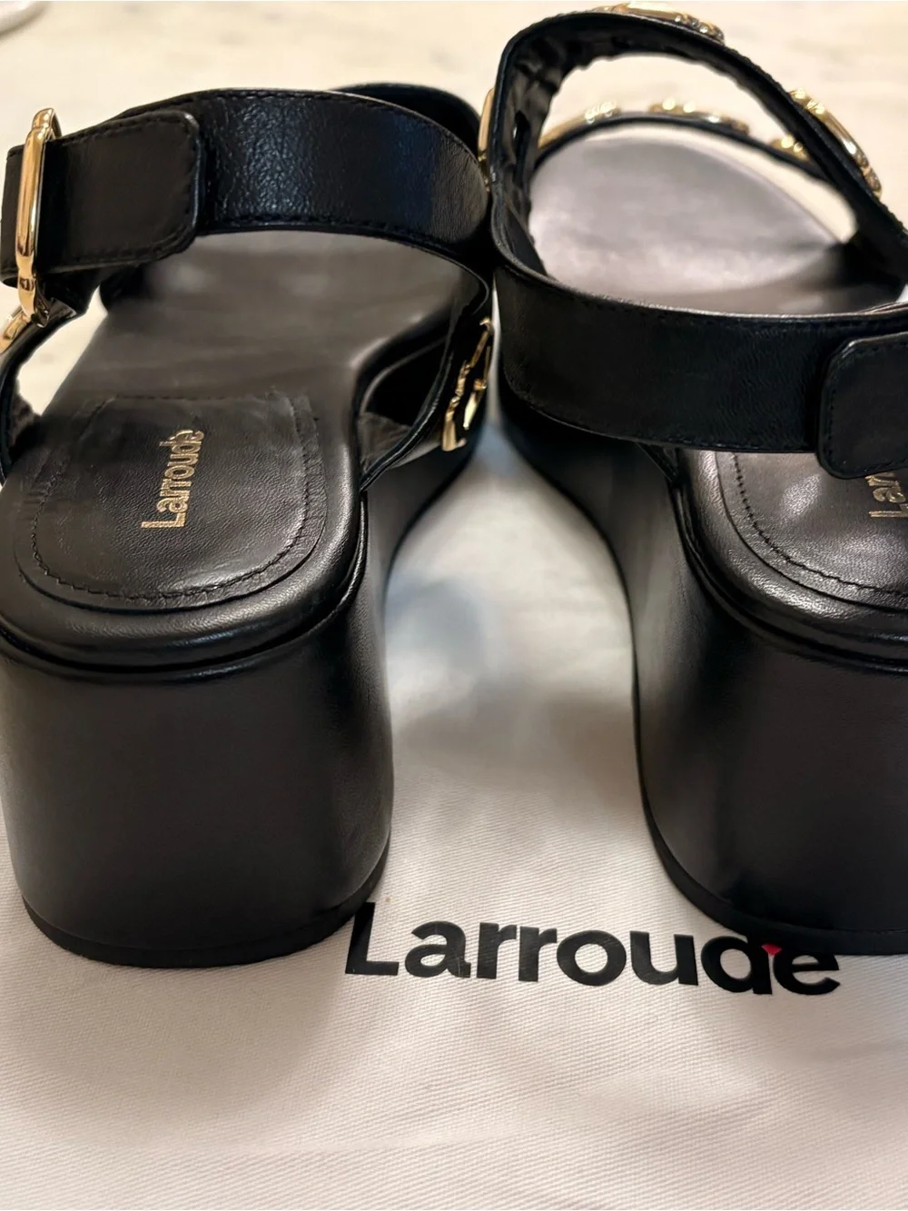 Larroude Milan Black Platform Sandals with Gold Accents